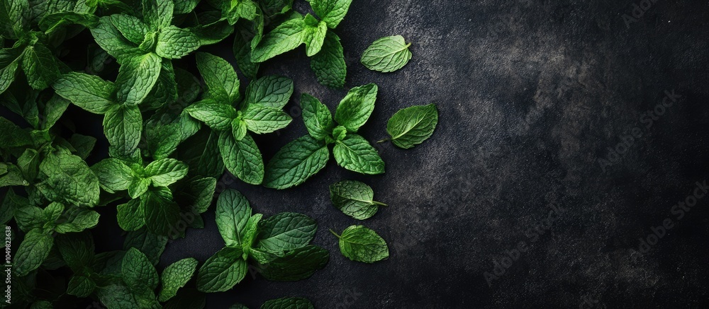 Aufkleber fresh mint leaves italian herbs dark backdrop. with copy space image. place for adding text or desig