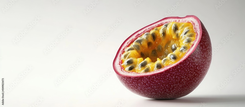 Poster granadilla or passion fruit sliced open with pulp against a white background. with copy space image.