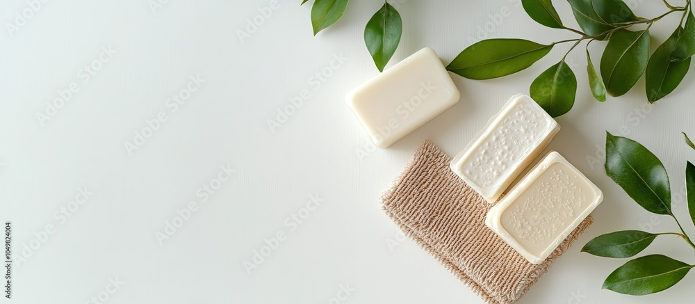 Poster Soap bars and a houseplant on a white table overhead view with space for text Spa time. with copy space image. Place for adding text or design