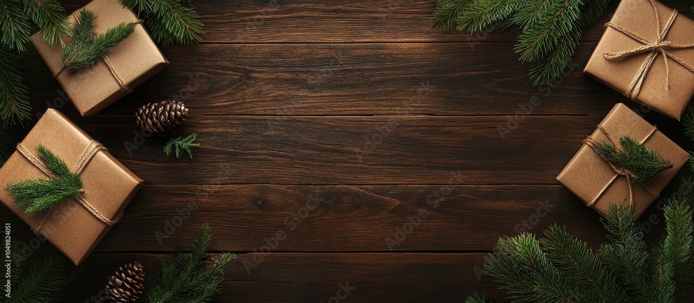 Poster gift boxes with fir branches on a wooden surface top view. with copy space image. place for adding t