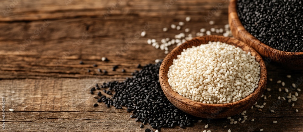 Poster black sesame and white sesame seeds on a wooden table. with copy space image. place for adding text 