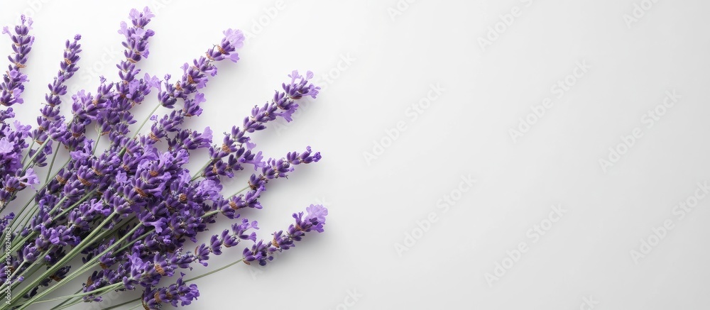 Poster top view of a bouquet of purple lavender blossoms on a white background bouquet of lavandula blooms.