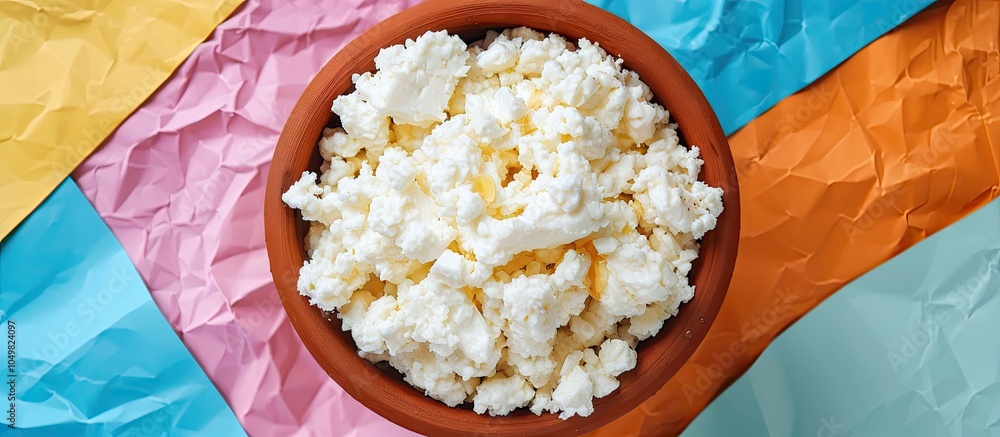 Aufkleber cottage cheese with honey in a clay bowl on a colorful paper background top view. with copy space im