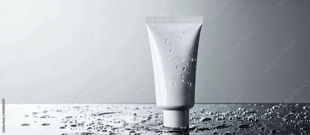 Poster Moisturizing cream in a tube sitting on glass with water droplets set against a grey background. with copy space image. Place for adding text or design