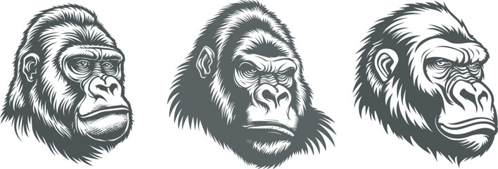Three Gorilla Heads Angry Wild Animal Mascot Logo Vector Illustration Set