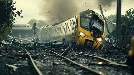 A dramatic photo of a train accident aftermath, with debris and emergency services present at the scene