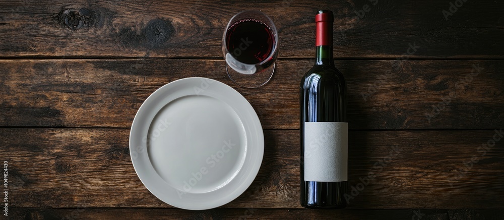 Poster Table setting featuring an empty plate wine glass and a bottle of red wine Overhead view of a rustic wooden table background. with copy space image. Place for adding text or design