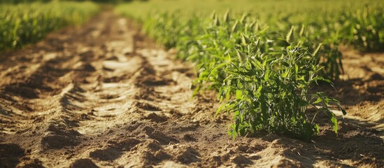Farming field overrun with thistle Long rooted pest plant Depleted soil is not prepared for planting Side view. with copy space image. Place for adding text or design