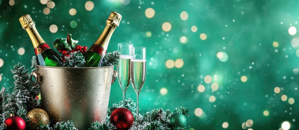 Poster Ice bucket with a bottle champagne glasses and Christmas decorations on a green background. with copy space image. Place for adding text or design