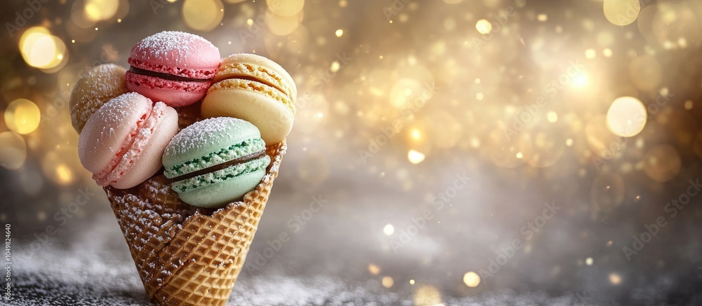 Aufkleber Colorful French macarons in a waffle cone dusted with powdered sugar A creative composition for Christmas and New Year. with copy space image. Place for adding text or design