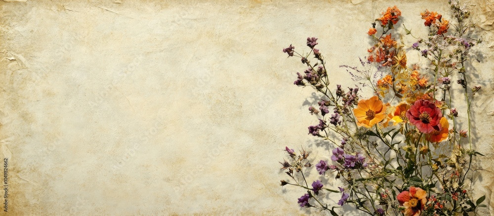 Poster textured vintage paper background featuring a wildflower bouquet. with copy space image. place for a