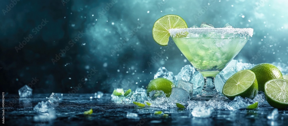 Poster classic margarita cocktail featuring lime salt and ice. with copy space image. place for adding text