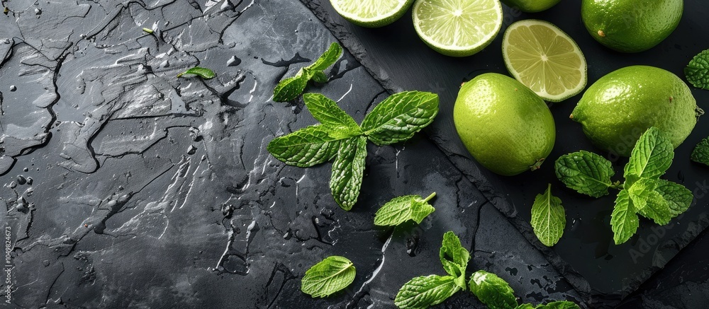 Poster ingredients for a fresh mojito cocktail on a black stone board. with copy space image. place for add