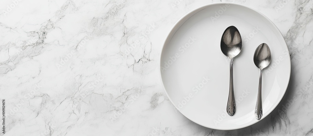 Fototapete Image of an empty white plate with a spoon and fork set against a white marble background Selective focus with a blurred background. with copy space image. Place for adding text or design
