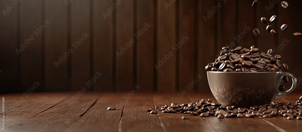 Aufkleber roasted coffee beans pouring out of a cup onto a wooden table. with copy space image. place for addi