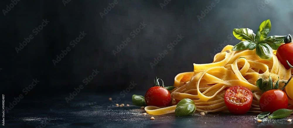 Aufkleber raw italian tagliatelle and vegetables on a dark background space for text. with copy space image. p