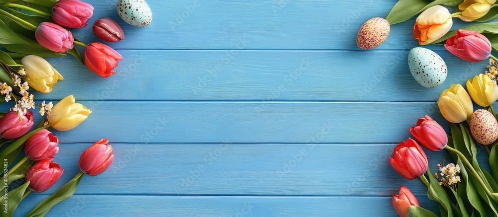 Poster Easter eggs and tulips arranged in a frame on blue wood. with copy space image. Place for adding text or design