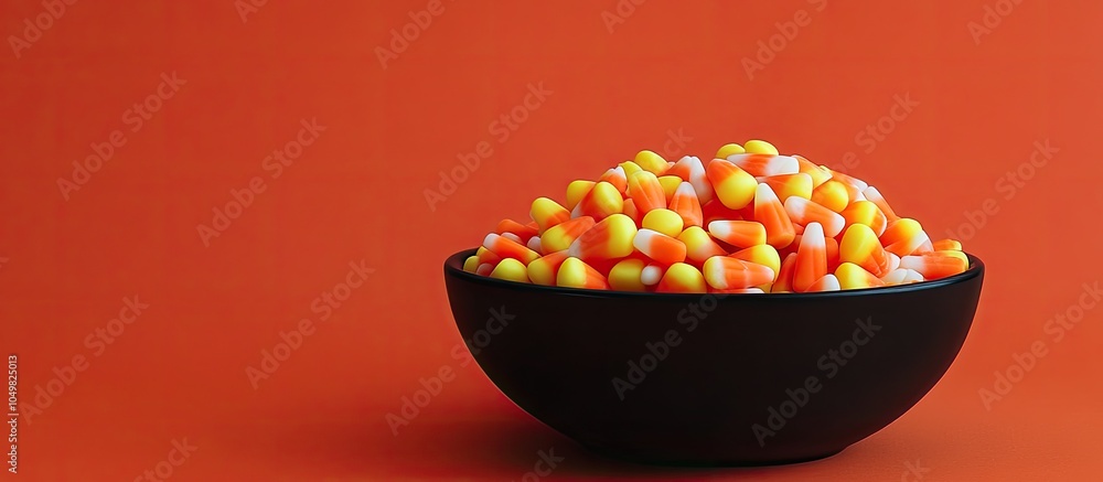 Poster nearly vacant black dish with halloween candy corn set against an orange background. with copy space