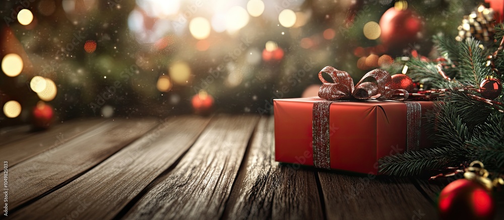 Aufkleber Christmas card and present on a wooden surface Christmas decorations. with copy space image. Place for adding text or design