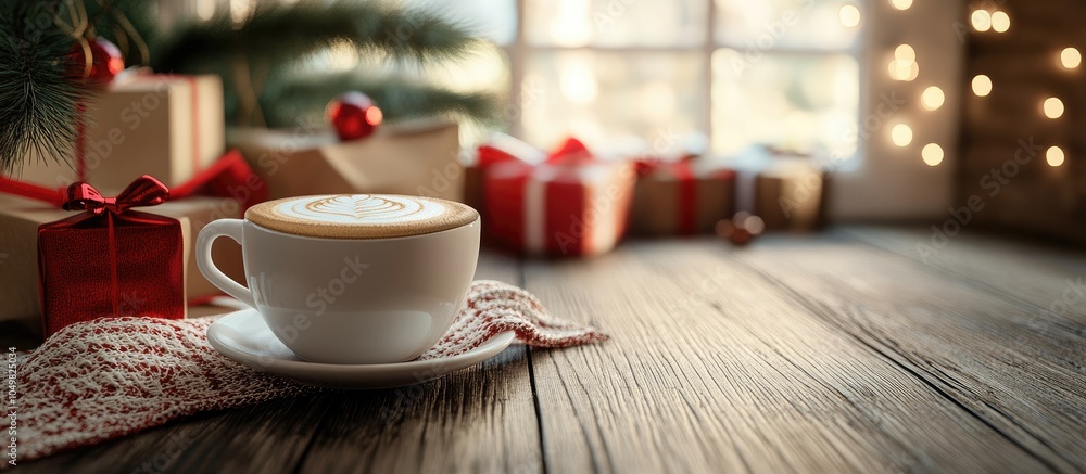 Fototapete cup of coffee with gifts in the background. with copy space image. place for adding text or design