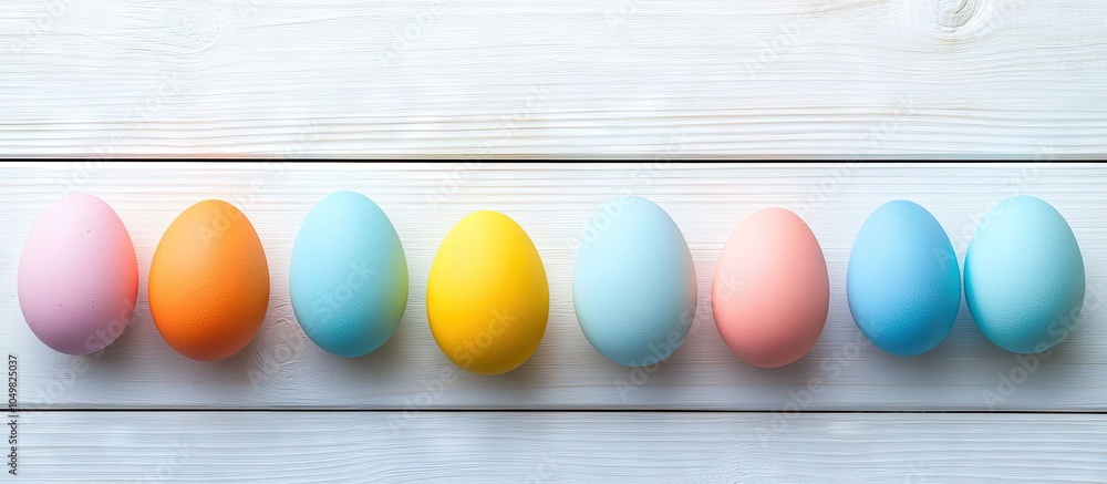 Poster Easter arrangement featuring colorful eggs on a white wooden background Empty space in the center for text. with copy space image. Place for adding text or design