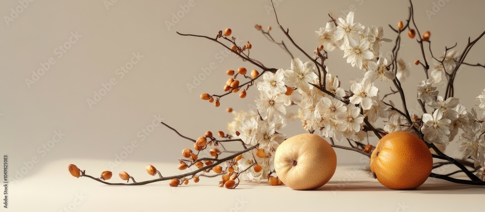 Poster arrangement of dried aegle marmelos and flowers still life. with copy space image. place for adding 