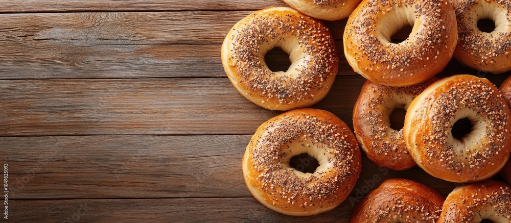 Poster numerous tasty fresh bagels on a wooden table with room for text. with copy space image. place for a