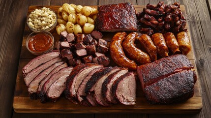 Rustic Charred Meats on Wooden Board Overhead View