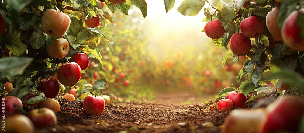 Aufkleber autumn fruits thriving in a patch of earth framed by an apple orchard. with copy space image. place 