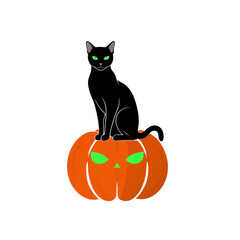 A cute black kitten plays with a spooky jack-o-lantern pumpkin on a fun Halloween night