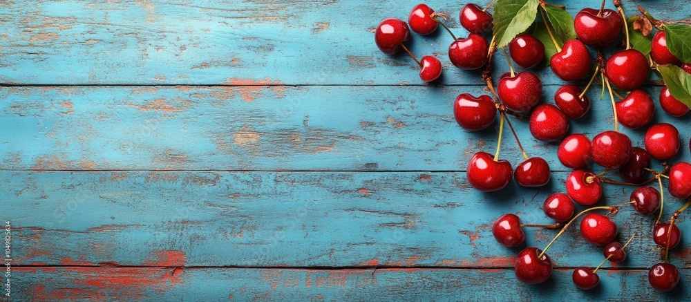 Poster sour cherry fruits on a weathered blue wooden table background. with copy space image. Place for adding text or design