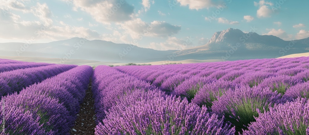 Poster field of lavender blooms harvesting. with copy space image. place for adding text or design