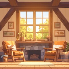 Cozy Living Room Illustration with Fireplace and Large Window