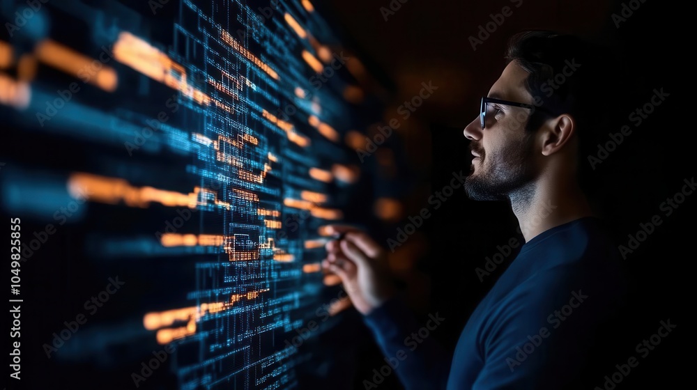 Poster a man interacts with a digital interface, surrounded by glowing data lines, showcasing modern techno