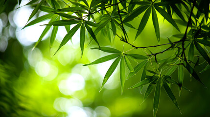 Naklejka premium Lush green leaves with a soft, blurred background of sunlight and foliage.