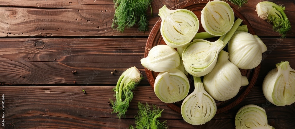 Aufkleber whole and sliced fennel bulbs on a wooden table top view area for text. with copy space image. place