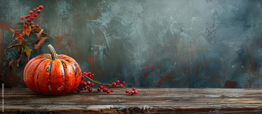 Poster autumn table arrangement featuring a vibrant pumpkin on a rustic backdrop with copy space