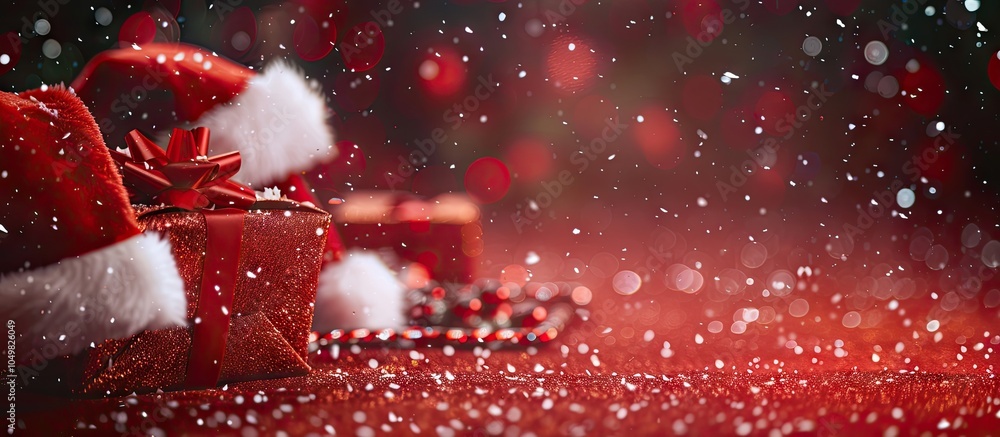 Poster santa hats and christmas gifts on a red background with sparkles blurred effect close up copy space
