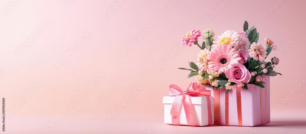 Aufkleber Lovely bouquet of flowers and a gift box on a colored background Area for text. with copy space image. Place for adding text or design
