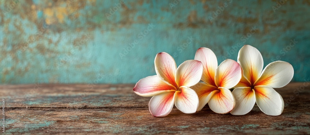 Poster plumeria flowers placed on the vintage style old table. with copy space image. place for adding text