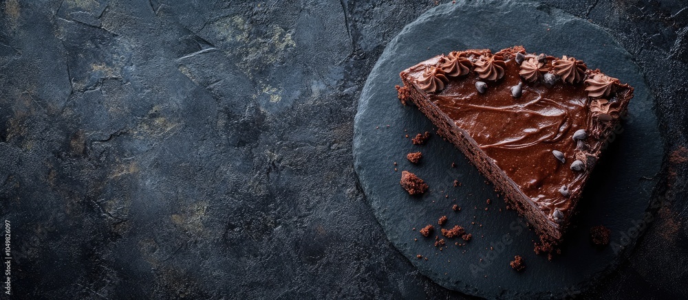 Fototapete Slice of chocolate cake presented on a black stone top view. with copy space image. Place for adding text or design