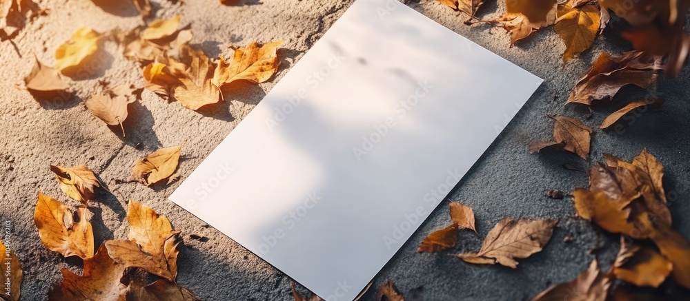 Aufkleber A4 white paper set on the cement floor with leaves falling on it. with copy space image. Place for adding text or design