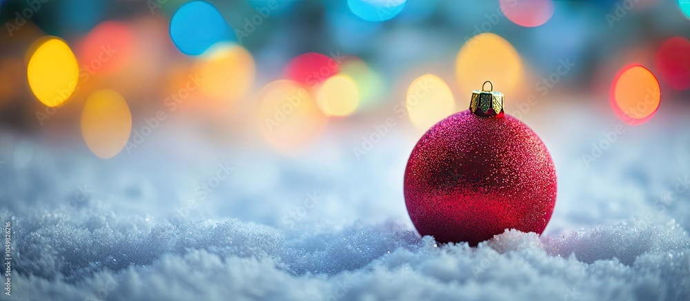 Poster christmas decoration featuring a red ball in the snow against a blurred backdrop with vibrant holida