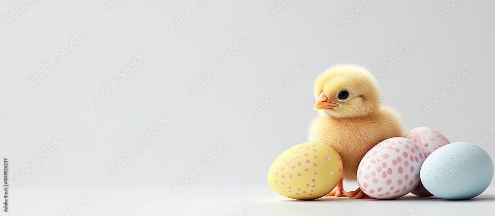 Poster easter eggs alongside a baby chick on a white background spring time. with copy space image. place f