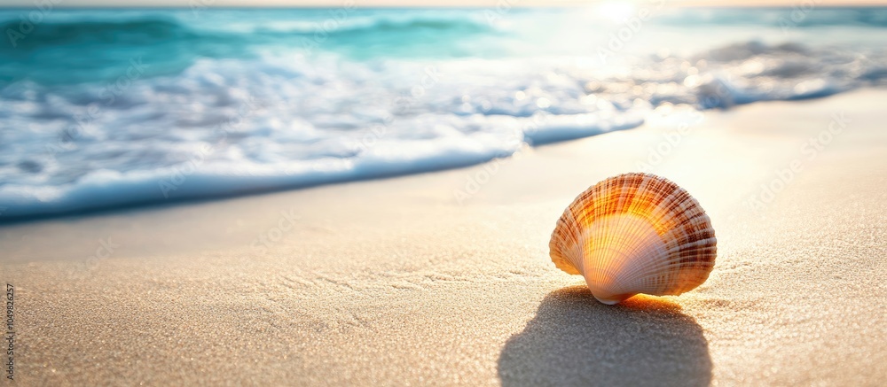 Poster Seashell on the sandy beach Summer vacation. with copy space image. Place for adding text or design