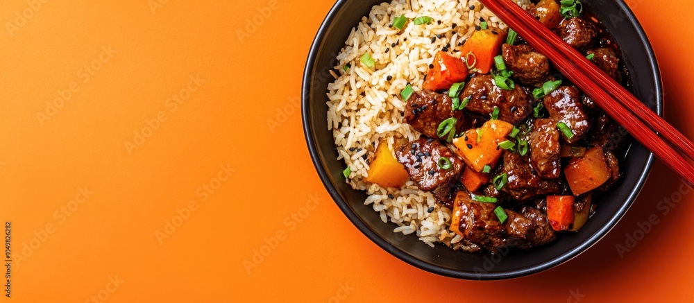 Leinwandbilder chinese style beef in black bean sauce with fried rice set against an orange background. with copy s