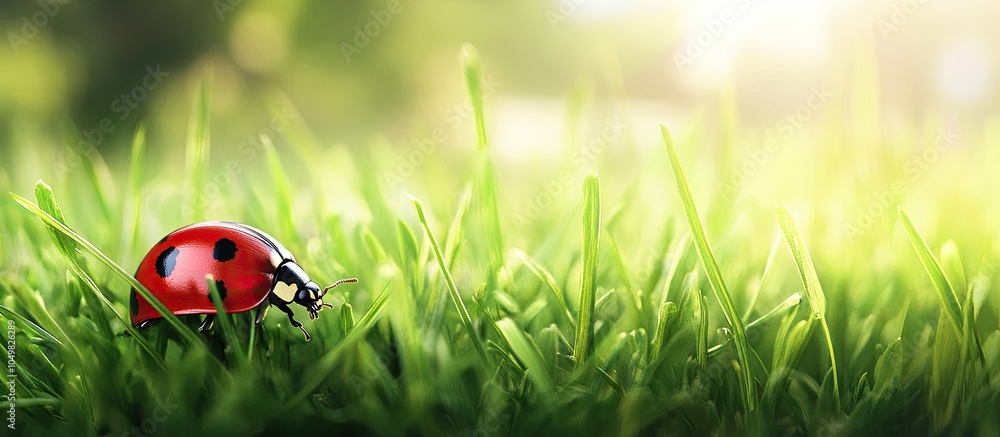 Aufkleber Ladybug resting on green grass. with copy space image. Place for adding text or design