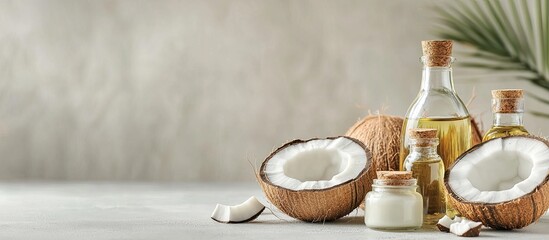 Arrangement of coconut oil bottles on a light background. with copy space image. Place for adding text or design