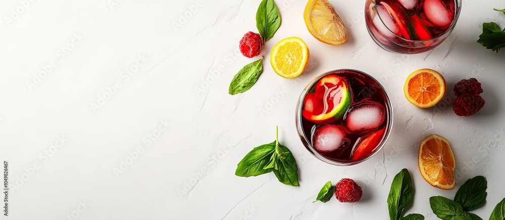 Poster tasty red sangria and ingredients on a white table with space for text. with copy space image. place