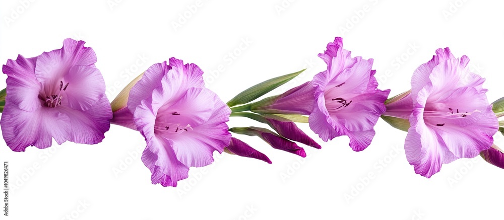 Poster purple gladiolus blooms on a white background. with copy space image. place for adding text or desig